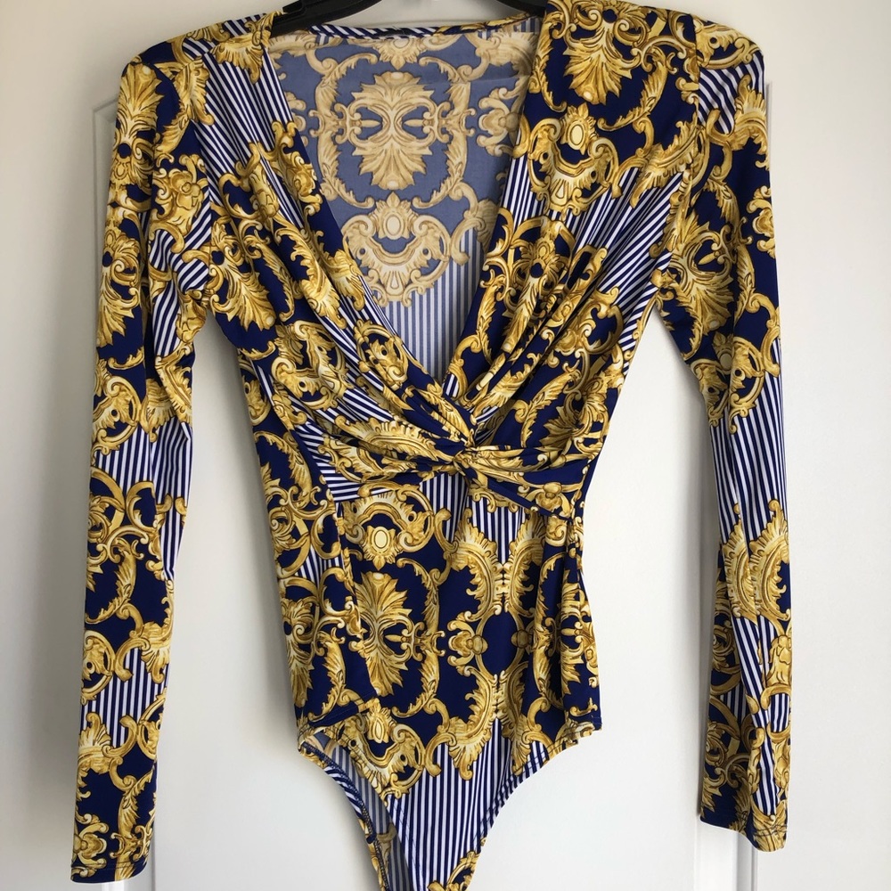 🛑SOLD🛑.  Blue and gold medallion bodysuit
